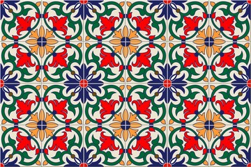 Gorgeous seamless pattern white colorful Moroccan, Portuguese tiles, Azulejo, ornaments. Can be used for wallpaper, pattern fills, web page background, surface textures. Vector