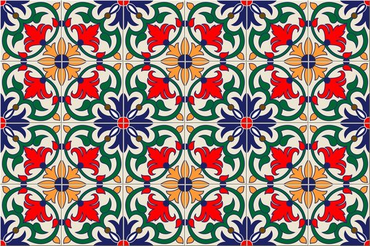 Gorgeous seamless pattern white colorful Moroccan, Portuguese tiles, Azulejo, ornaments. Can be used for wallpaper, pattern fills, web page background, surface textures. Vector