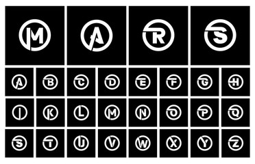Modern Set of templates, minimalistic capital letters inscribed in a circle of wide white bands with an overlay of shadows. To create emblems, monograms, logos. Vector