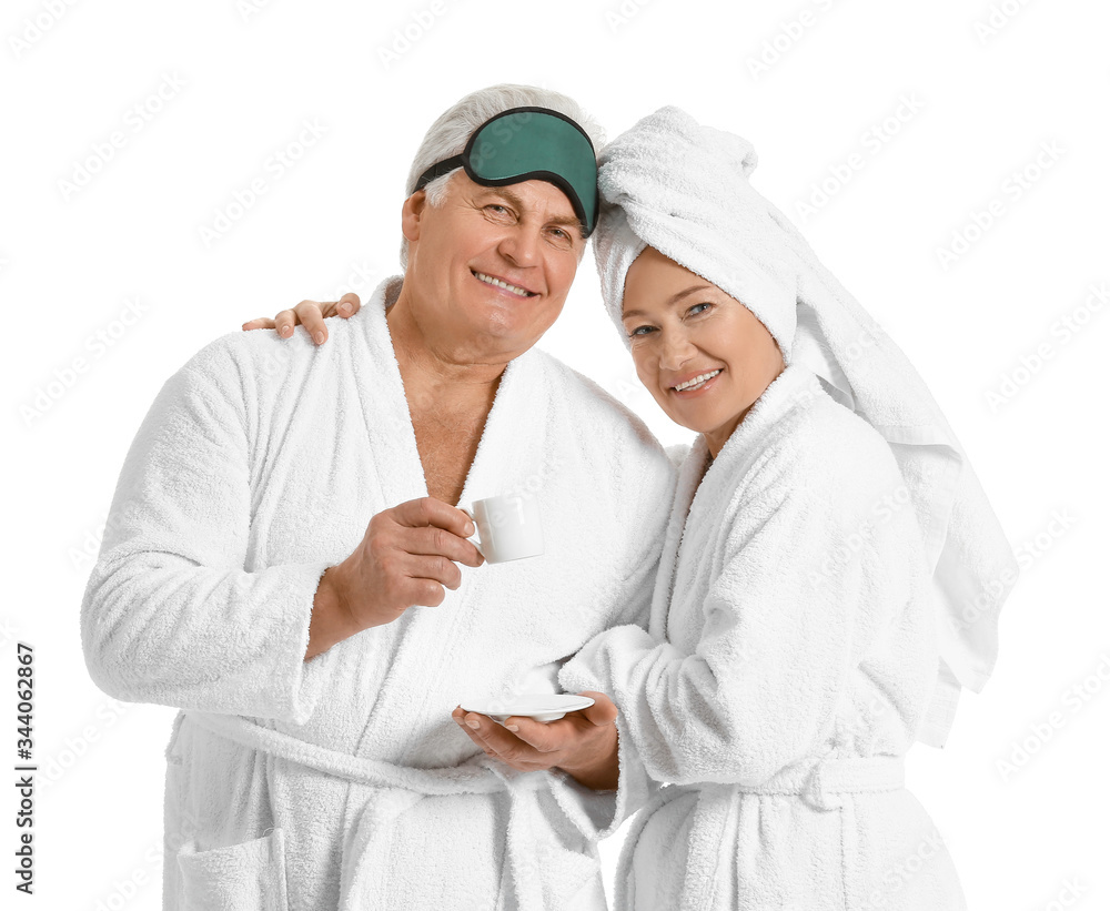 Sticker mature couple in bathrobes on white background