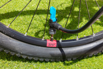 A close up of a valve of a mountain bike tire. The hose of an air pump is connected. The valve is open and air is pumped up. The bike is on green grass.