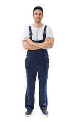 Male truck driver on white background