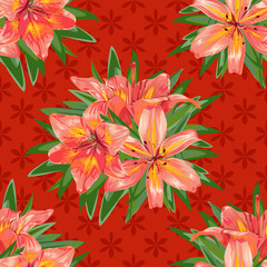 Fototapeta na wymiar Seamless pattern. Orange lily flowers on a red background.