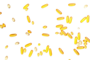 Fish oil capsules on white background