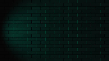 Black brick wall with green neon light with copy space. Lighting effect green color glow on brick wall background. Royalty high-quality free stock photo image of blank, empty background for texture