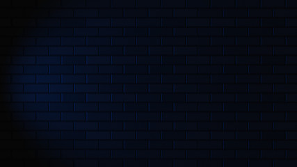 Black brick wall with blue neon light with copy space. Lighting effect blue color glow on brick wall background. Royalty high-quality free stock photo image of blank, empty background for texture