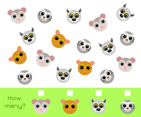 Fototapeta premium Counting Game for children with pictures. Educational game for preschool years kids and toddlers. Development activity for preschool children with counting objects. Flat vector stock illustration.