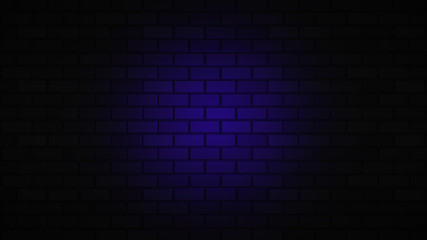 Black brick wall with blue neon light with copy space. Lighting effect blue color glow on brick wall background. Royalty high-quality free stock photo image of blank, empty background for texture