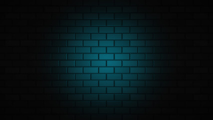 Empty brick wall with blue neon light with copy space. Lighting effect blue color glow on brick wall background. Royalty high-quality free stock photo image of blank, empty background for texture