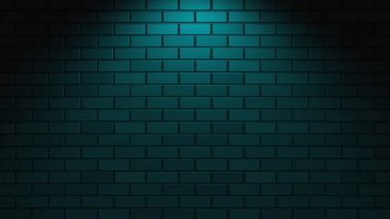 Empty brick wall with blue neon light with copy space. Lighting effect blue color glow on brick wall background. Royalty high-quality free stock photo image of blank, empty background for texture