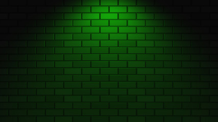 Black brick wall with green neon light with copy space. Lighting effect green color glow on brick...