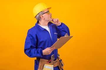 construction worker or professional isolated on color background with tools