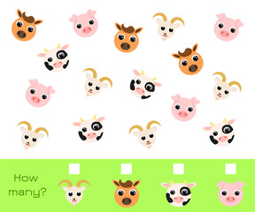 Counting Game for children with pictures. Educational game for preschool years kids and toddlers. Development activity for preschool children with counting objects. Flat vector stock illustration.