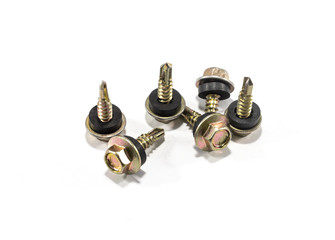 tapping screws made od steel, metal screw, iron screw, chrome screw, screws as a background, wood screw, white background