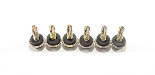 tapping screws made od steel, metal screw, iron screw, chrome screw, screws as a background, wood screw, white background