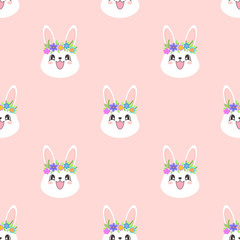 Seamless pattern with a cute bunny with wreaths of flowers in cartoon style. Vector illustration