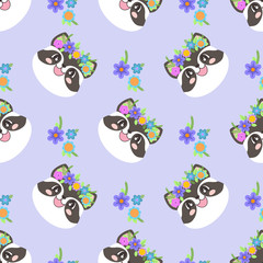 Seamless pattern with a cute racoon with wreaths of flowers in cartoon style. Vector illustration