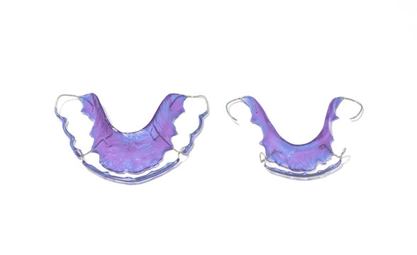 Retainer teeth, Braces, Purple Retainer(top viwe) on a white background
