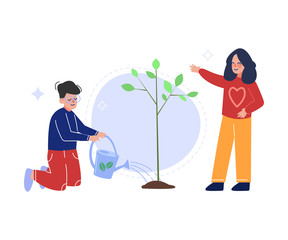 Boy and Girl Planting and Watering Tree, Children Volunteering in the Garden or Park Vector Illustration