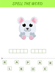 Spelling word scramble game template. Educational activity for preschool years kids and toddlers with cute polar bear. Flat vector stock illustration.