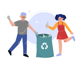 Boy and Girl Collecting Plastic Wastes into Garbage Bag, Children Picking Up Trash for Recycling Vector Illustration