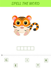 Spelling word scramble game template. Educational activity for preschool years kids and toddlers with cute tiger. Flat vector stock illustration.