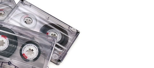 Audio cassette tape isolated on white background. Free space for text. Wide photo .