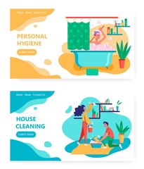 Fototapeta premium Woman take bath at home, bathtub foam bubbles. Family clean room in apartment or house. Concept illustration. Vector web site design template. Landing page website illustration.