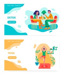 Vegetarian couple eat fruits and vegetables. Girl exercise and doing yoga at home. Concept illustration. Vector web site design template. Landing page website illustration.