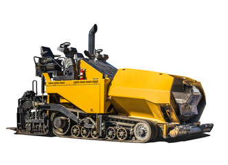 Large asphalt paving machine. Yellow road construction vehicle, with exposed drivers seat. Rubber truck paver. Isolated on white.