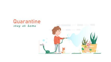 Human leisure activities watering plants, people quarantine relax time with pet, cartoon character flat design, idea creative background vector illustration