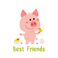 Vector Pink Piggy with small yellow bird. Cartoon illustration for Christmas card, prints, calendar, sticker, invitation, baby shower, children clothes, posters about friendship.