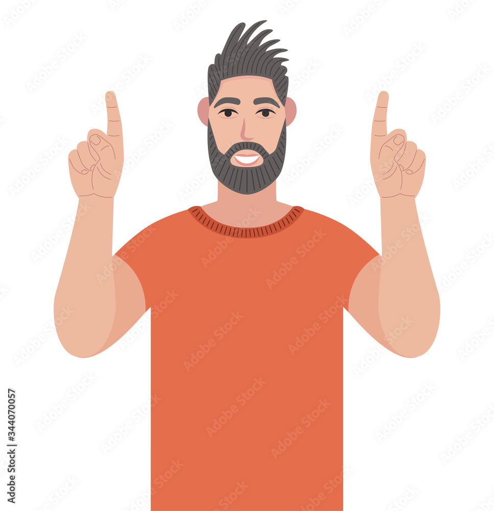 Poster bearded man pointing up fingers while standing and smiling. hipster pointing copy space. vector illu