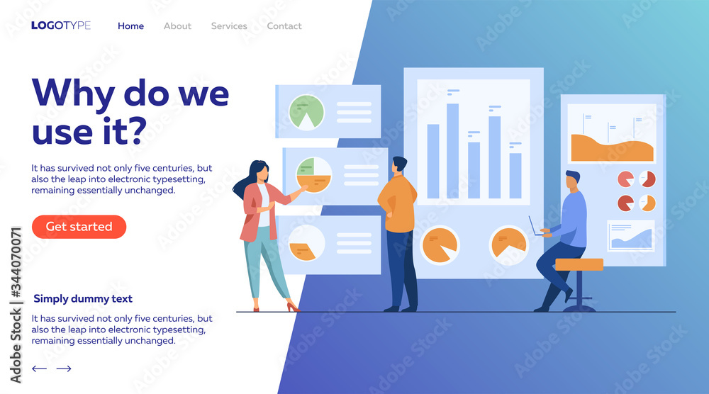 Poster office workers analyzing and researching business data vector illustration. marketing analysts devel