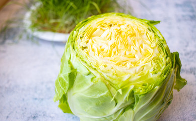 Fresh young green cabbage chopped. Vegan food.