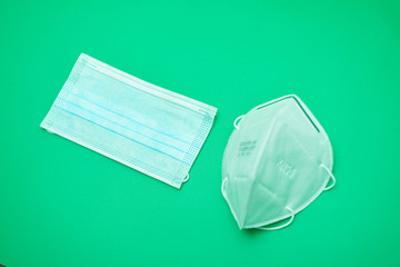 Isolated photo of a surgical mask and n95  with a top view 