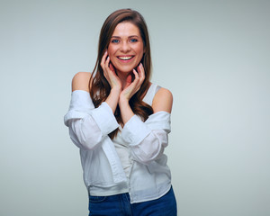 Beautiful woman in white smile and posing in fashion style