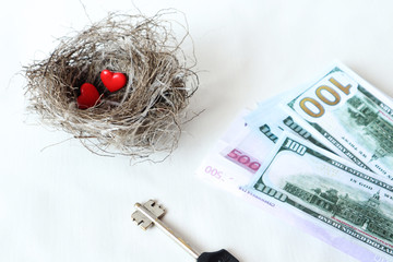 Accumulation of funds for the purchase of housing: a nest with red hearts, banknotes and the key to the future apartment on a white background