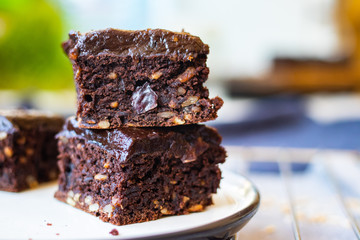 Brownie chocolate cake. Sweet dessert vegan food breakfast.