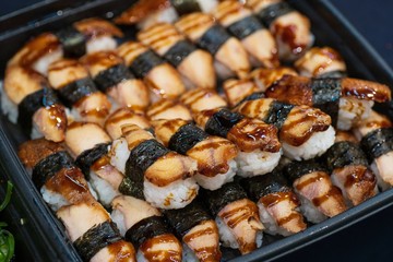Close up of Asian Sushi on the plat, Japan street food market