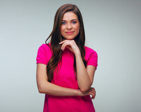hinking woman in red casual dress.