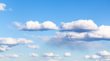 nanural panoramic background - many small cumulus clouds in blue sky on March day