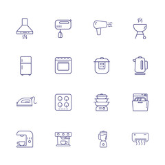 Household equipment line icon set. Set of line icons on white background. Household concept. Iron, microwave, oven, mixer. Can be used for topics like home, kitchen, technics