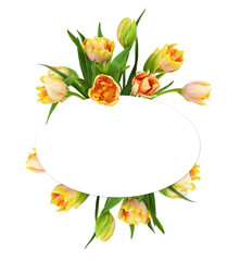 Yellow and orange tulip flowers and a card for text