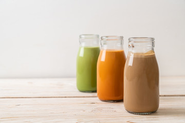  Thai milk tea, matcha green tea latte and coffee in bottle