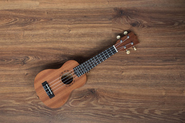 Brown ukulele guitar portrait on texture Wall plaster ,Vintage dark tone holiday relax break time...