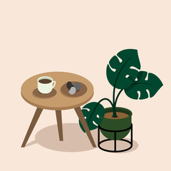 patio relaxing coffee early in the morning, vector flat room