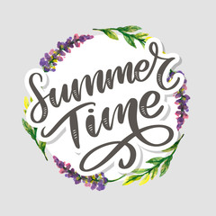 Green summer time letter flowers in modern style on colorful background. Greeting invitation vector illustration. Floral bouquet decoration. Decoration element.