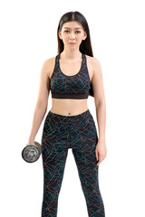 Tan Skin Asian Fitness Girl in Sexy Cute Sport Bra black spandex pants Exercise warm up. Practice...