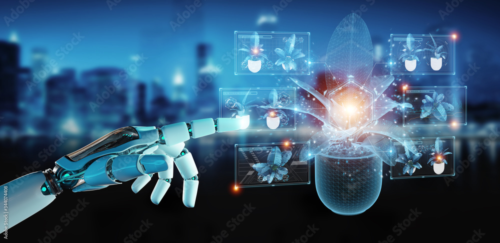 Fototapete Robot hand holding and touching holographic projection of a plant with digital analysis 3D rendering